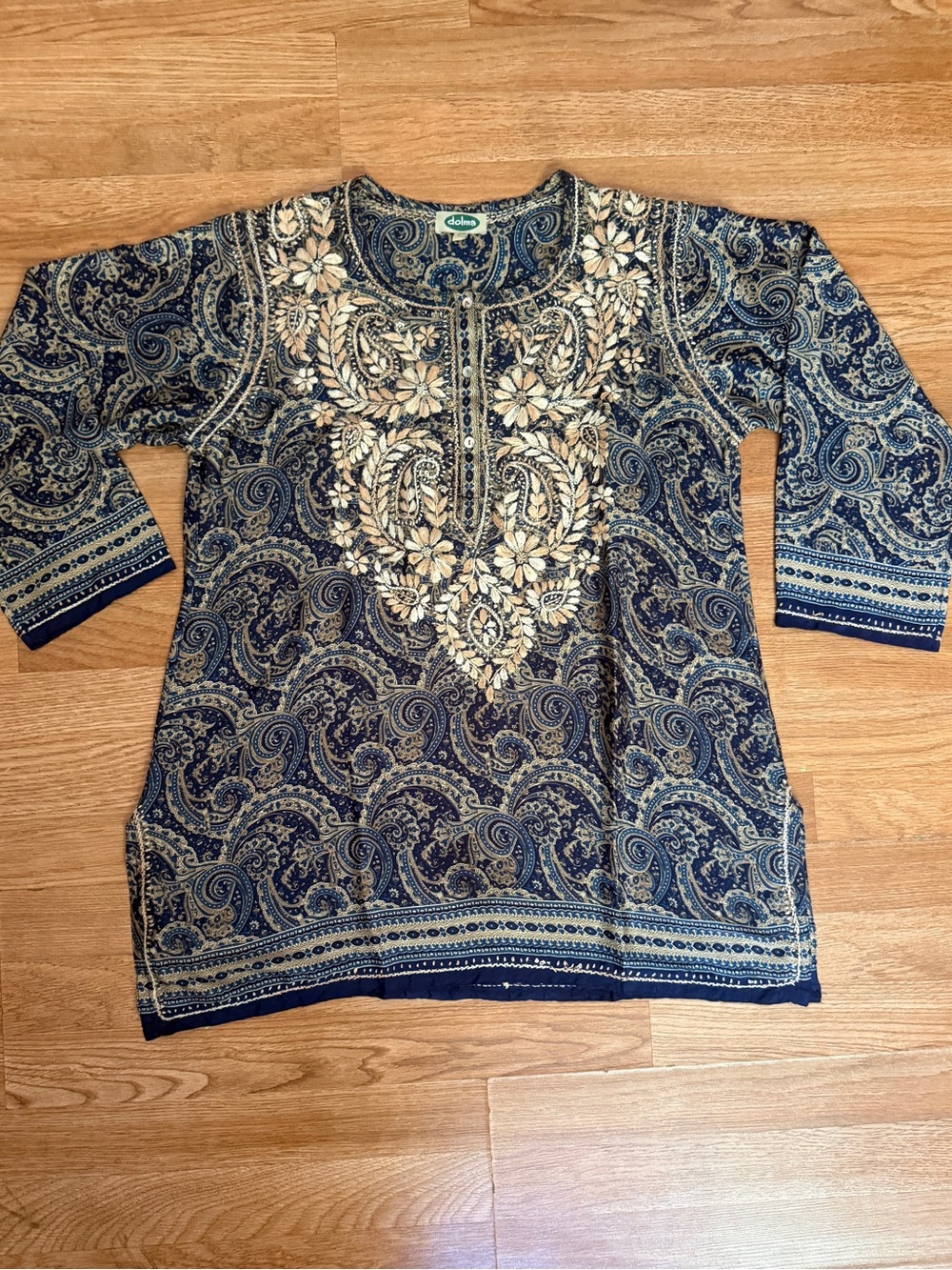 Dolma Embroidered Silk Tunic Top Navy - Picture 1 of 10